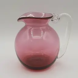 Art Glass Cranberry Pitcher w/ Applied Clear Glass Handle Signed