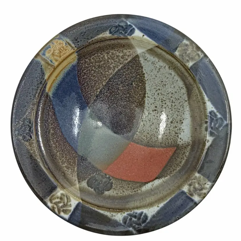 Vintage Studio Art Pottery Bowl – Abstract Geometric Blue•Green•Iron Red•Brown MCM Signed
3” T x 10.5” W