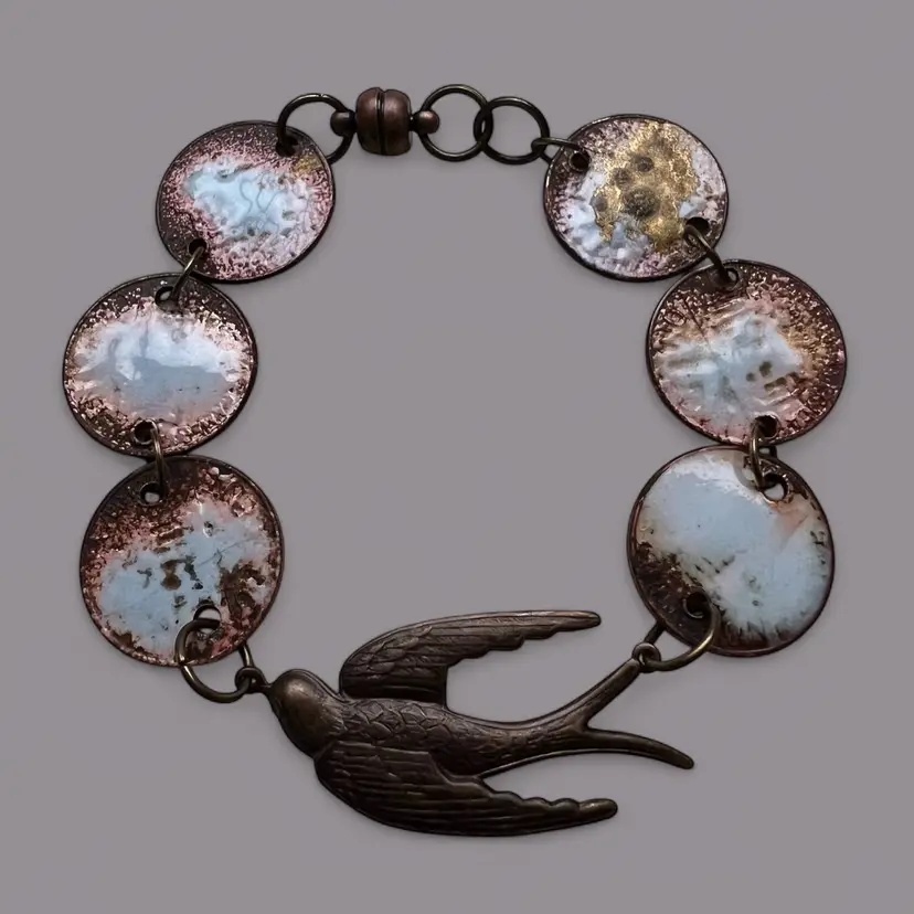 Vintage Blue Enameled Pennies Bracelet With Brass Bird Focal 7.5β