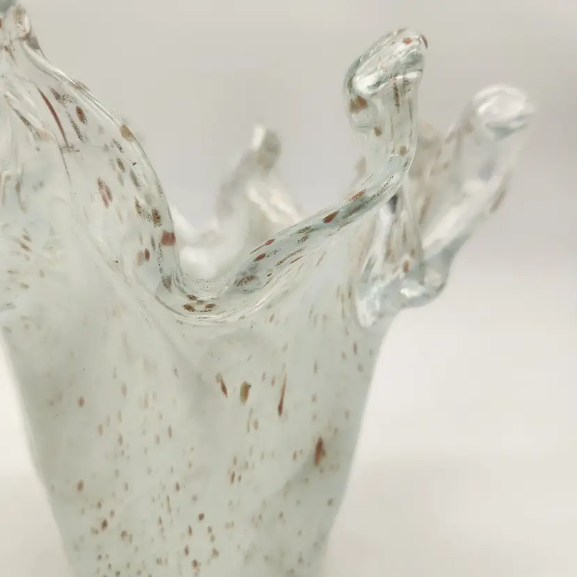 Vintage Hand Blown Splash Vase Clear & White Glass Copper Gold Flecks Aventurine