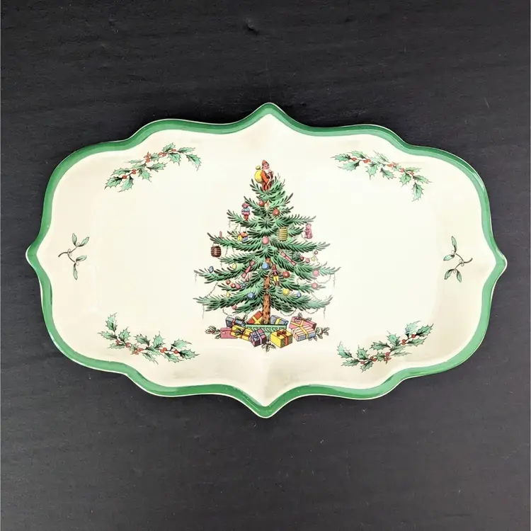 Vintage Spode Christmas Tree Ceramic Candy Ogee Dish 9"x6"x1" Made in England
