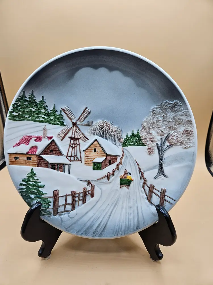 Winter Scene Farm Majolica Hanging 9" Plate Handpainted Western Germany