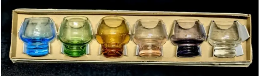 Lovely Vintage Set of 6 Colored Glass Sake/Shot Glasses with Etched Flower & Leaf Design in Original Box Bottom 1.75 Inches Tall