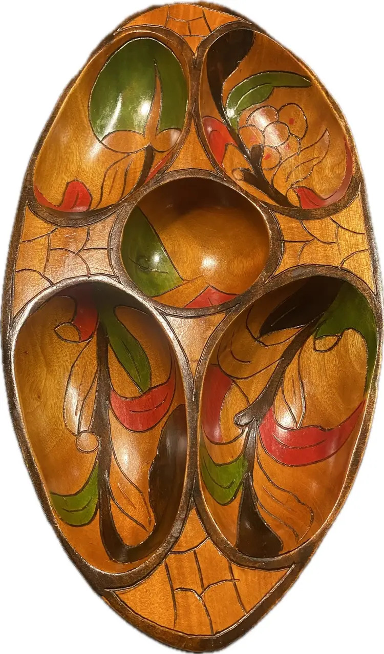 Vintage hand carved and painted wooden snack tray bowl dish tropical boho