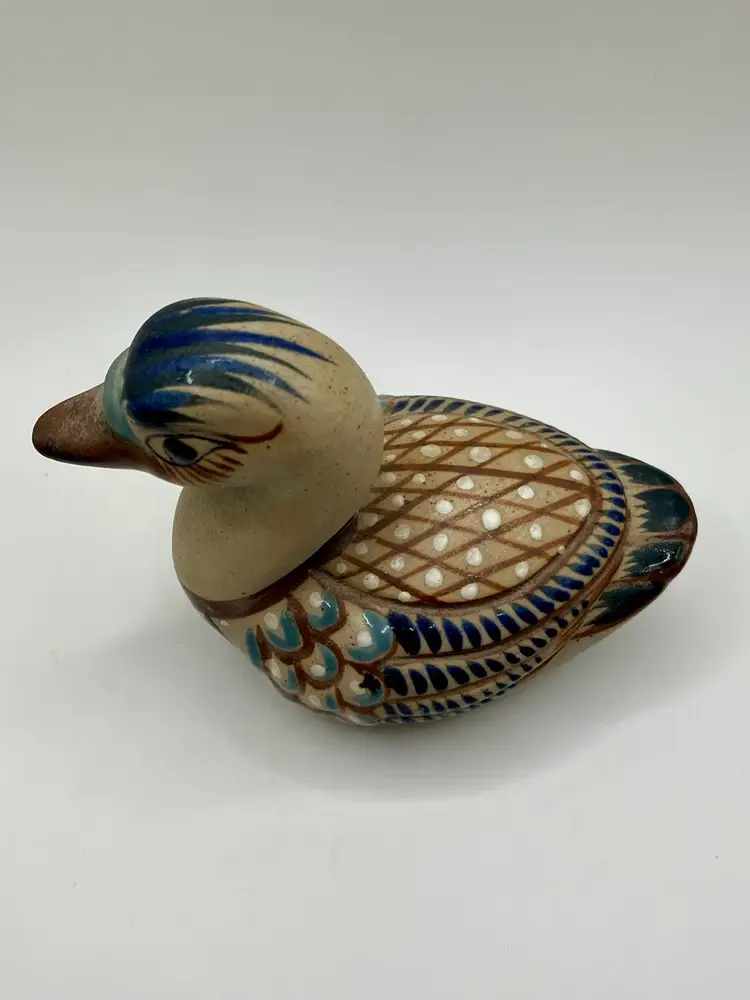 Vintage Signed Tonala Mexican Folk Art Pottery Hand Painted Duck Figure 4 X 4”