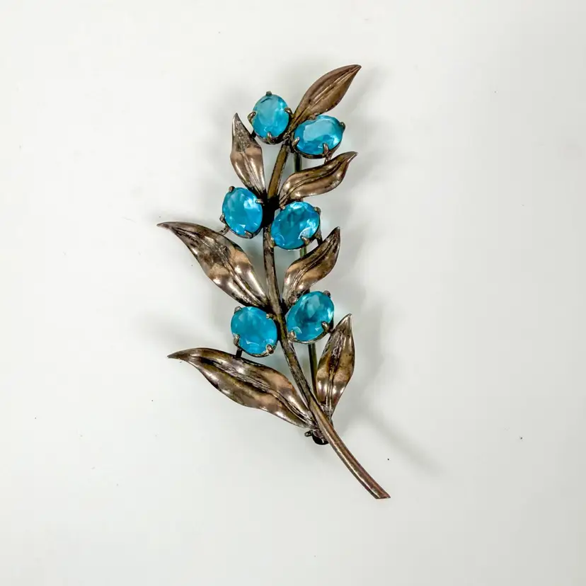 Vintage Sterling Silver Blue Rhinestone Branch Brooch