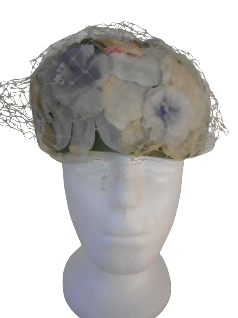Vintage Women's Floral Capulet Hat with netting Blue Greens Union Made