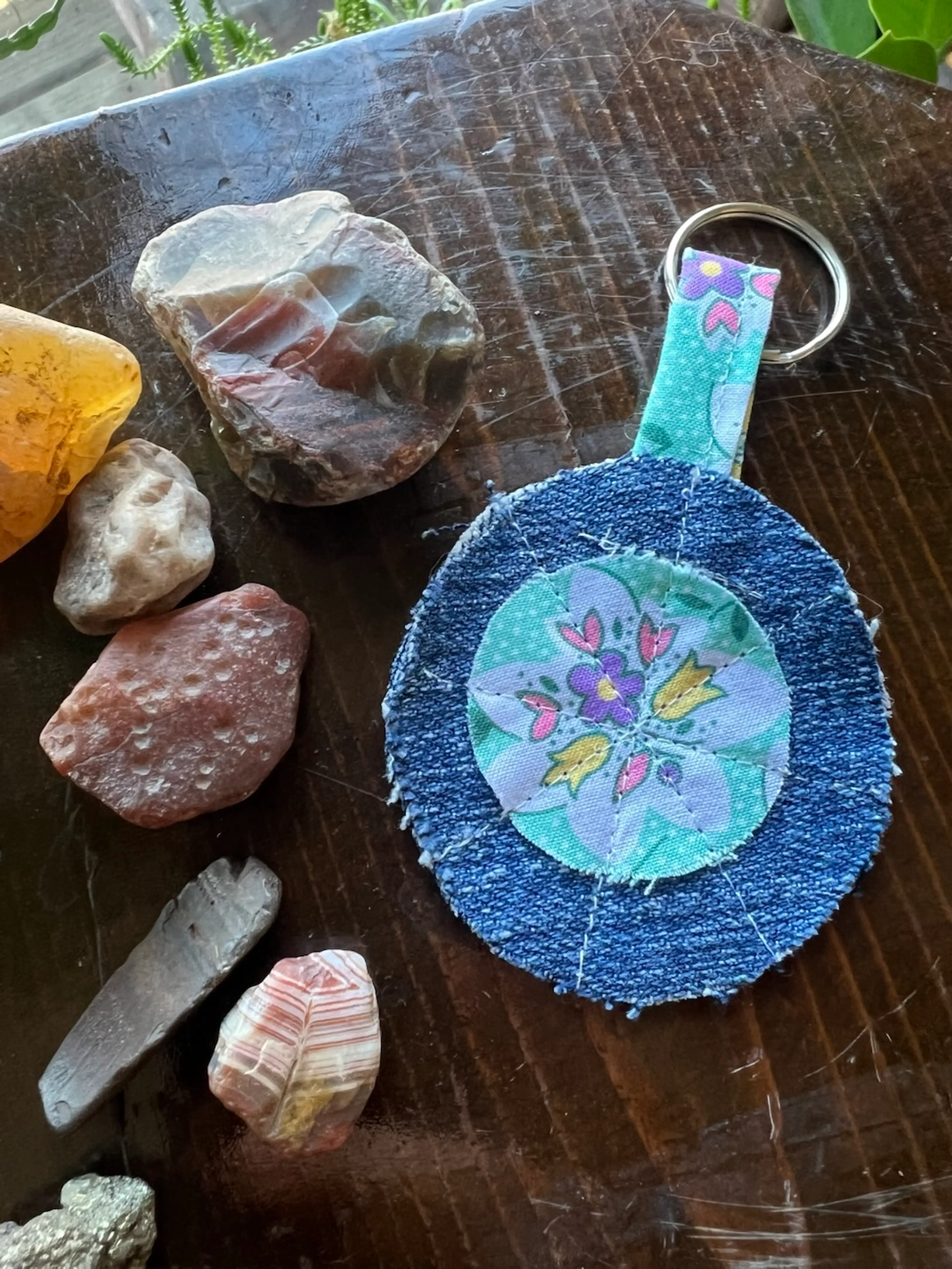 Mint and flowers denim keychain