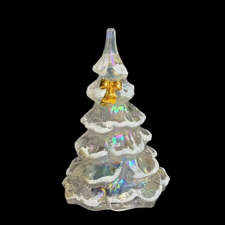 Fenton Iridescent Glass Tree Figurine With Gold Bow Fenton Label & Logo-Glows
6-1/4” T x 4” W
