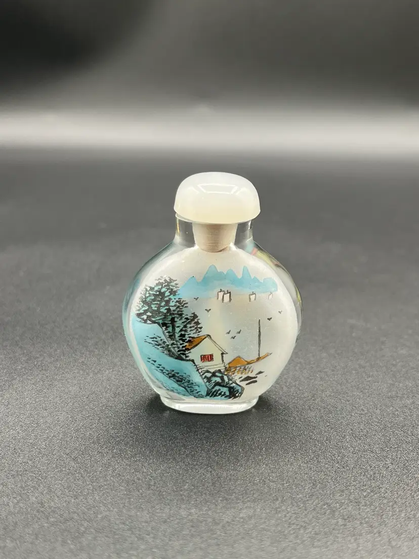 Vintage Small Round Chinese Reverse Painted Double Sided Different Seascape Snuff Jar With Spoon 2.5” 🌊