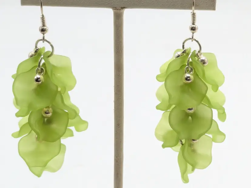 Lime Green Petal Drop Silver Tone Earrings