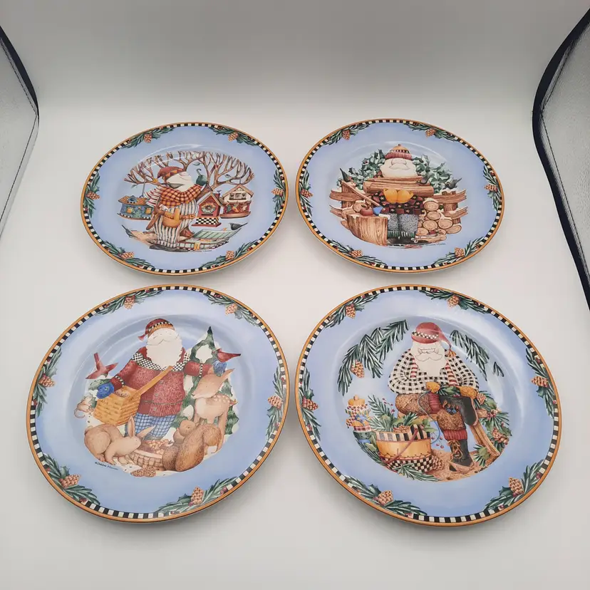 Vintage Christmas Woodland Santa Plates Debbie Mumm 1998 Sakura Set of 4 Bluek