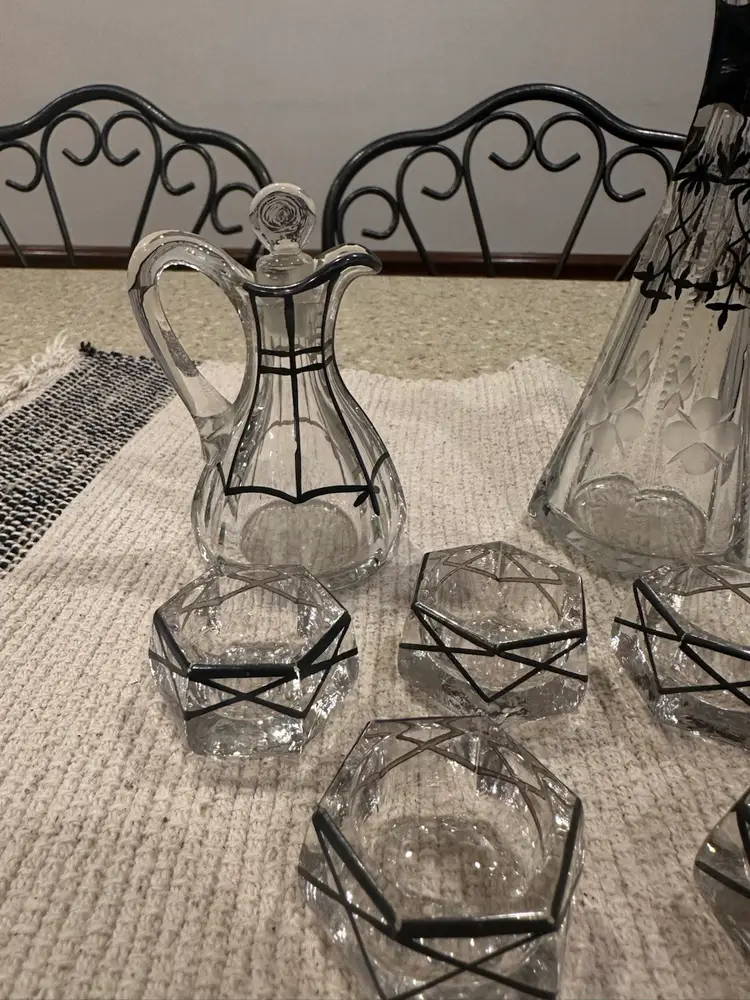 A set of 8 antique silver overlay glass individual salt  cellars, cruets for oil and lot in  Nouveau