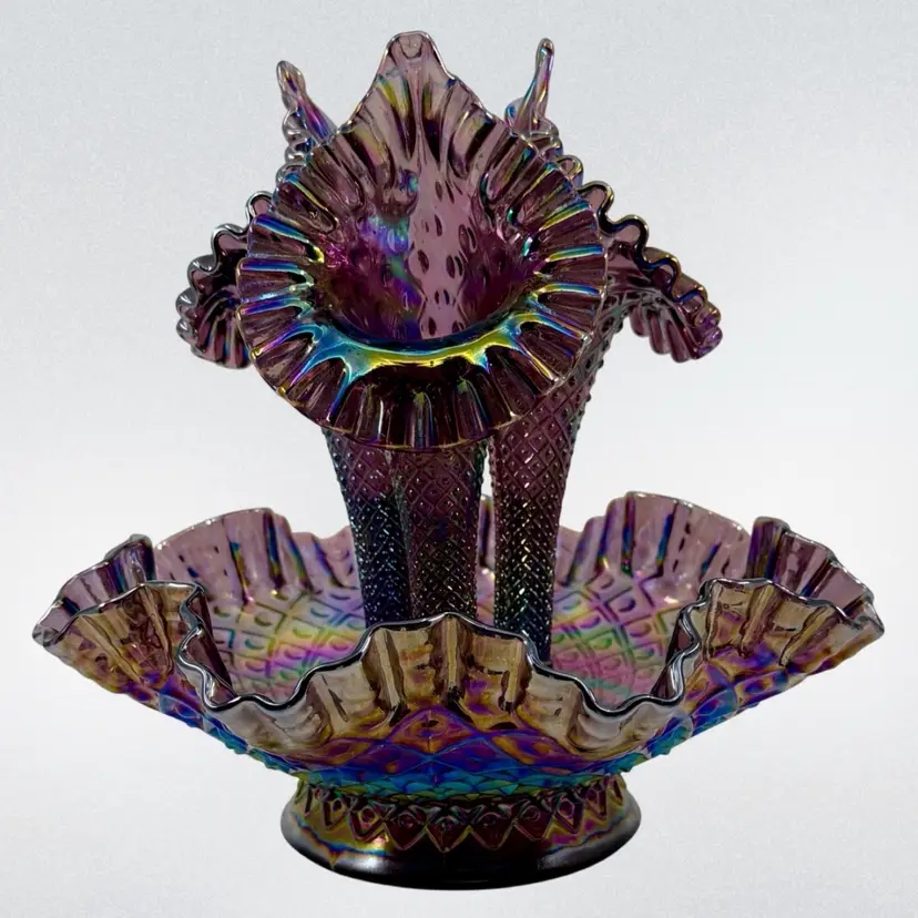 FENTON Epergne “Diamond Lace’ Amethyst Purple  Carnival Glass•3  Horn•Vase/Bowl •UV Glow•Scarce
9.75” T x 10.25” W