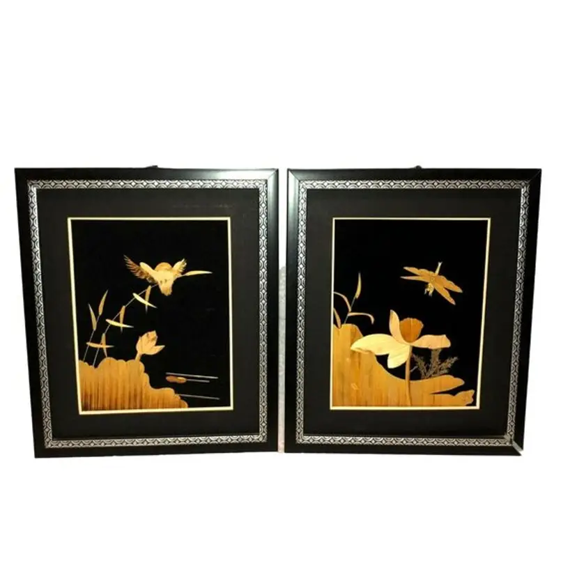 HUMMINGBIRD DRAGONFLY BAMBOO ART JAPAN HANDCARVED FRAMED 11"X13" VINTAGE 1980s