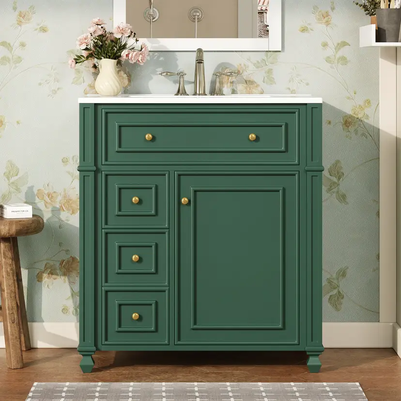 30" Bathroom Vanity Cabinet with Ceramic Sink and Storage