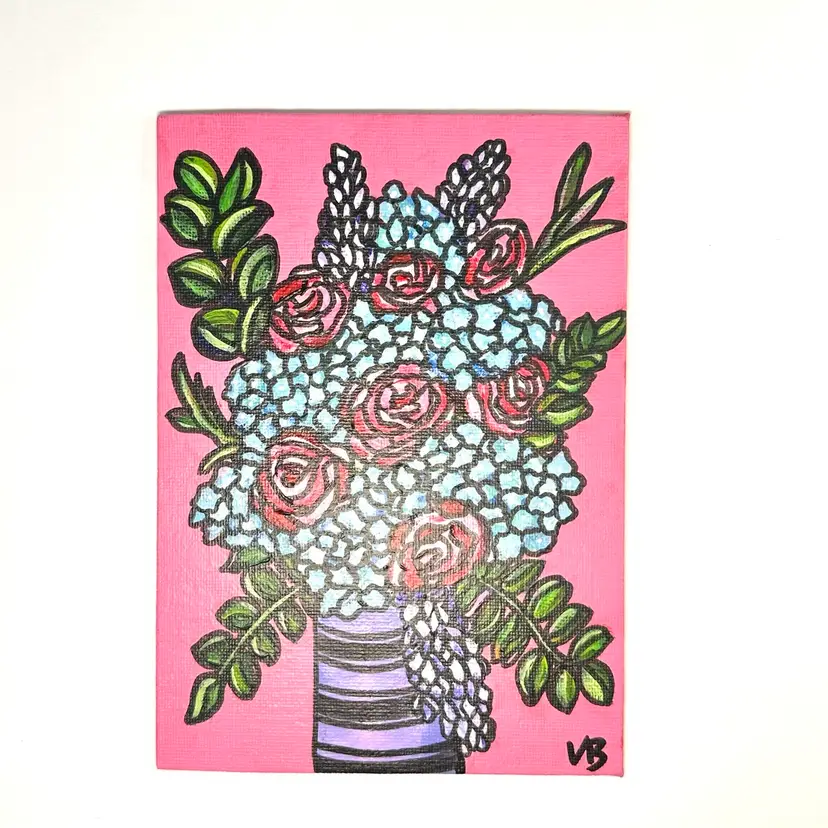 Original Artwork Floral Painting Acrylic On Canvas Board 5x7” Pink Background Made by Me