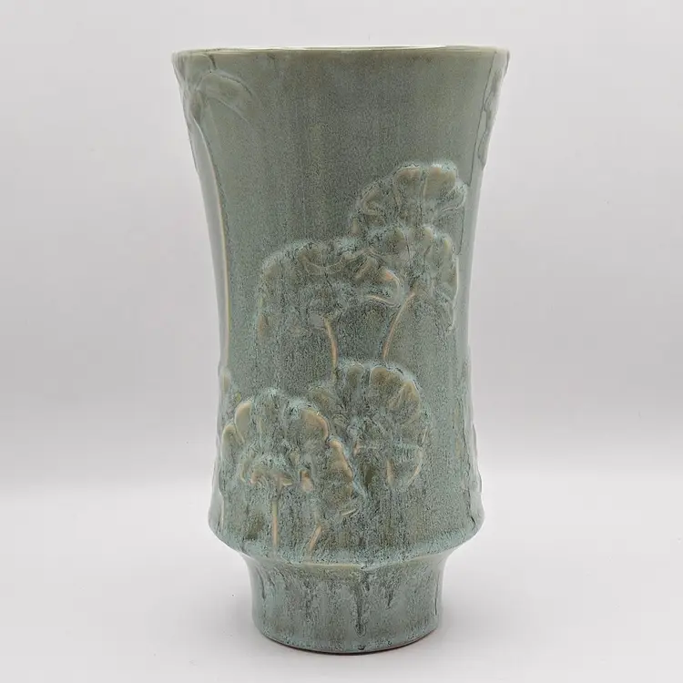 Celadon Green Vase Art Pottery Floral Botanical Relief 10” Glazed