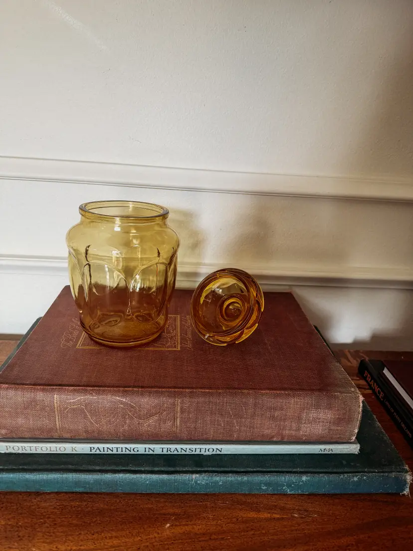 1970s LE Smith Amber Glass Bubble Design Small Canister with Lid NO PLASTIC STOPPER