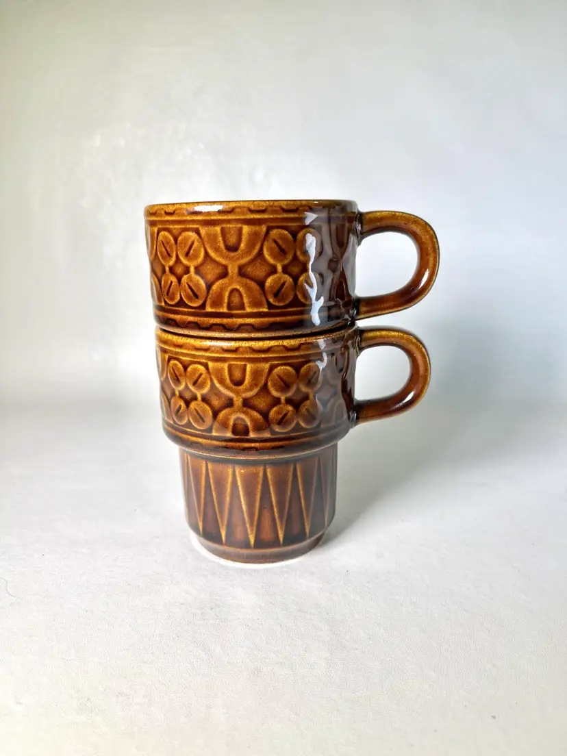 Vintage Brown 60’s/70’sCoffee Mugs Made in Japan Stackable Ceramic Set of 2