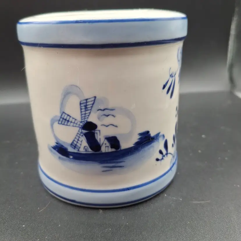 Vintage Delft Blue Handpainted Ceramic Toothbrush Holder With Floral Design