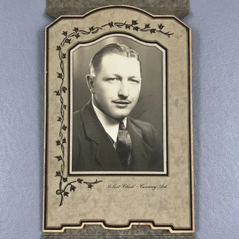 Vintage Portrait Photo Man In Suit Mustache Conway Ark. Robert Clark Tri-Fold Cardboard Frame