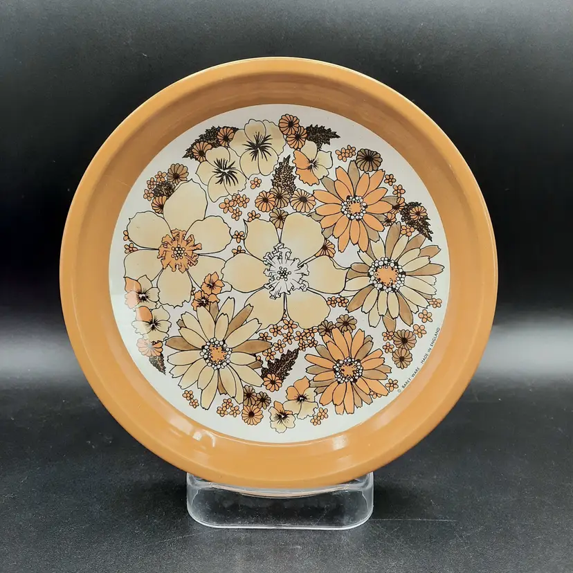 Vintage Baret Ware England Orange Yellow Floral Flowers Tin Trinket Dish