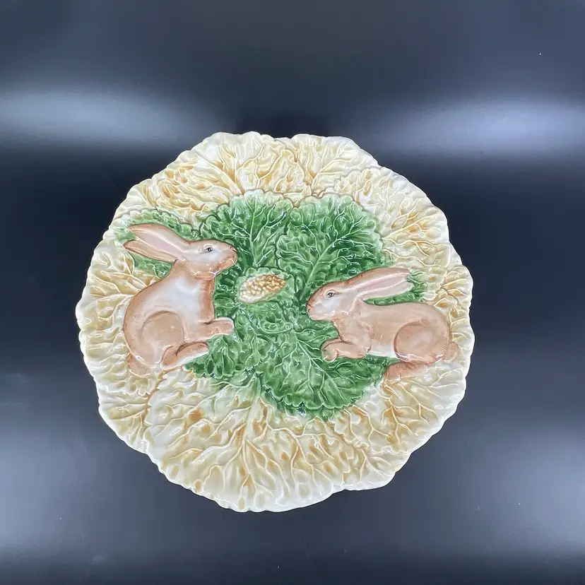 Vtg 15" Majolica Style Cabbage Leaves & Rabbits Platter Numbered 29/372 Made In Italy