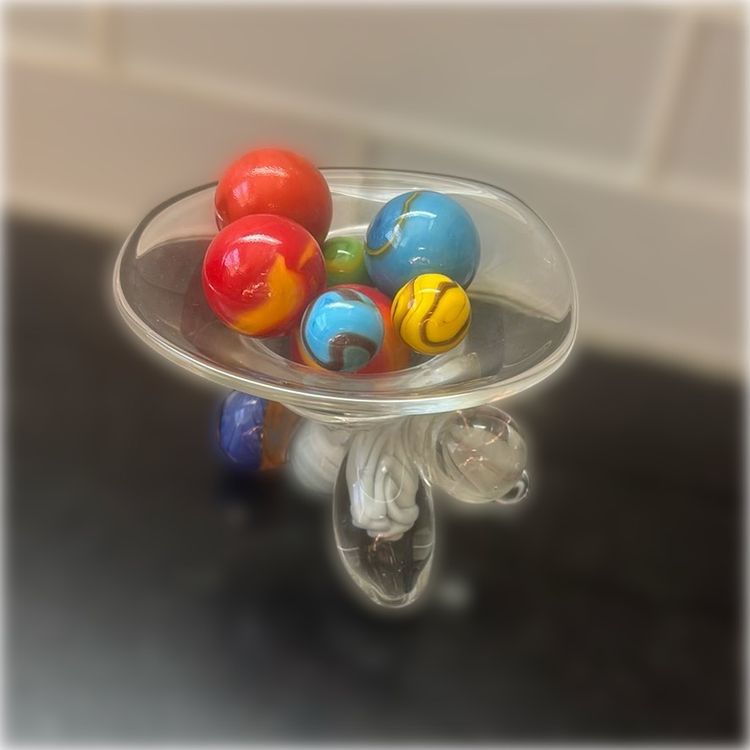 Art Glass Unique Stand With 7 Vintage Marbles Some Glow