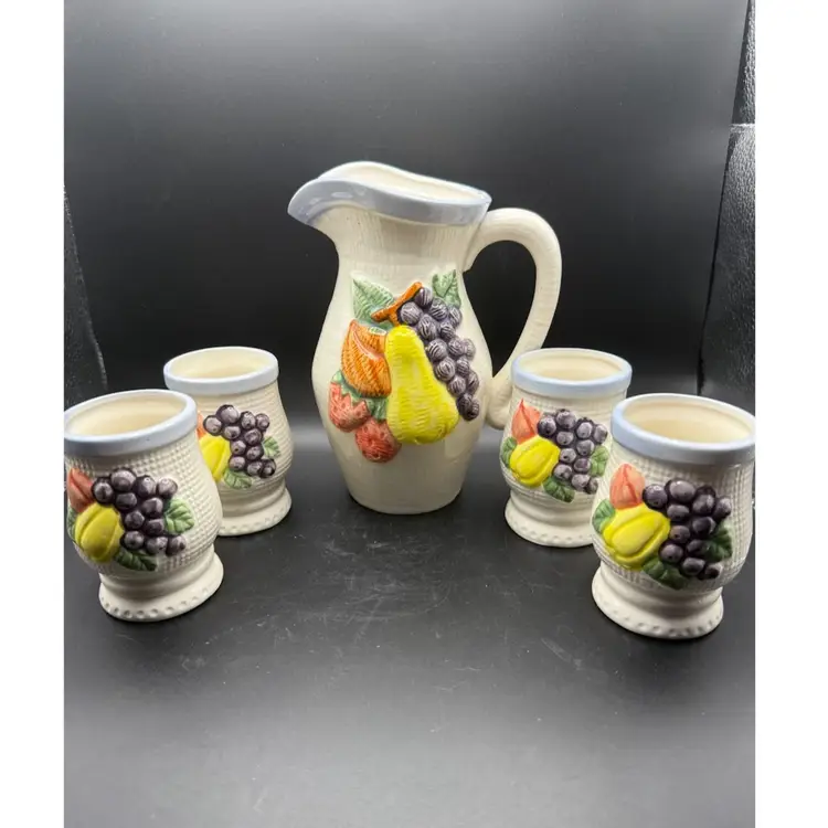 Vintage Haruta Japan Ceramic Fruit Pitcher And Cup Set With Basket Weave Texture