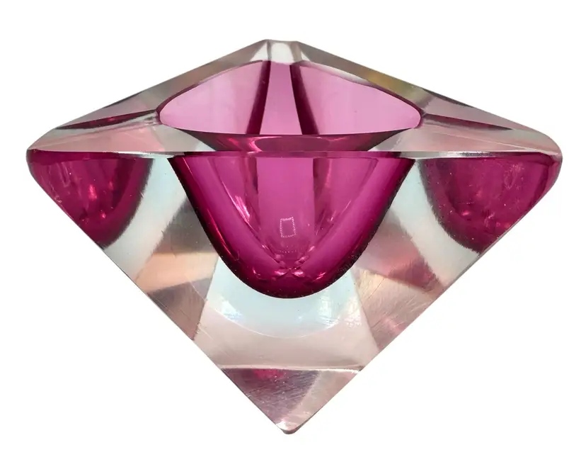 Vintage Murano Sommerso Art Glass Faceted Ashtray Triangle Prism Pink READ