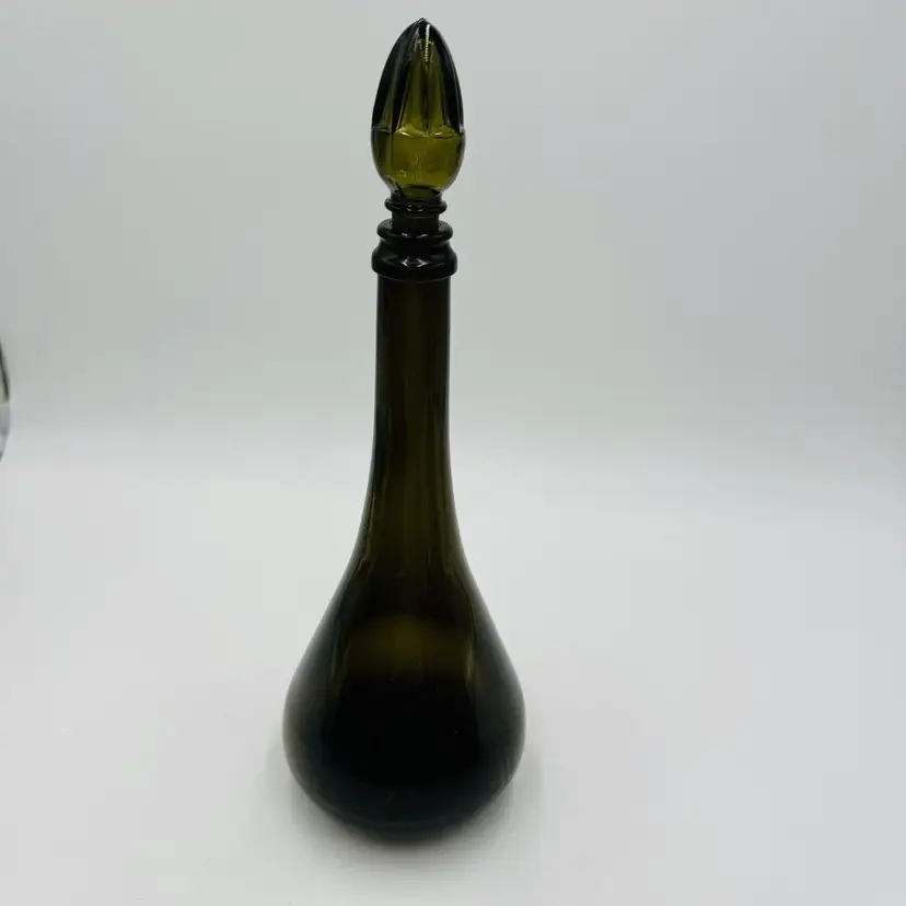 Glass Decanter With Stopper 14” MCM Green Olive Italy Art Vintage Large