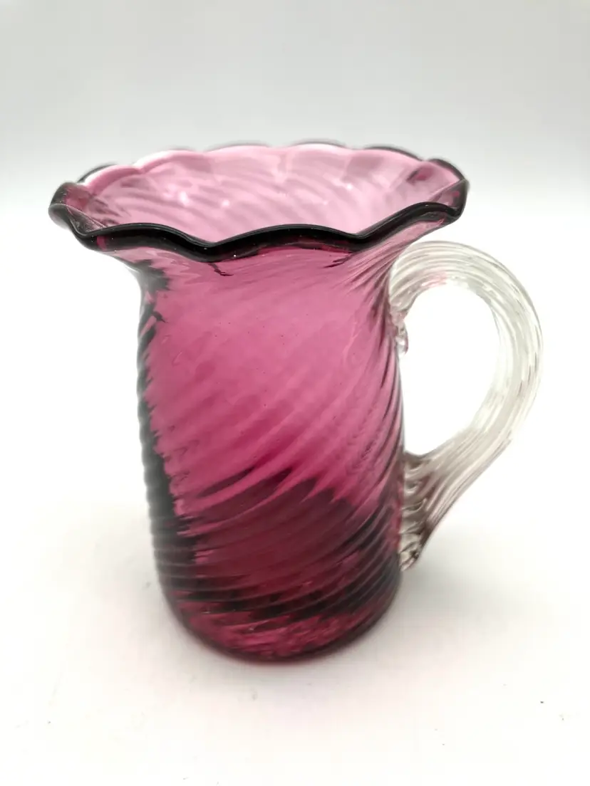 BIN - Vintage Pilgrim Cranberry Glass Swirl Pitcher With Applied Clear Handle 3.5”