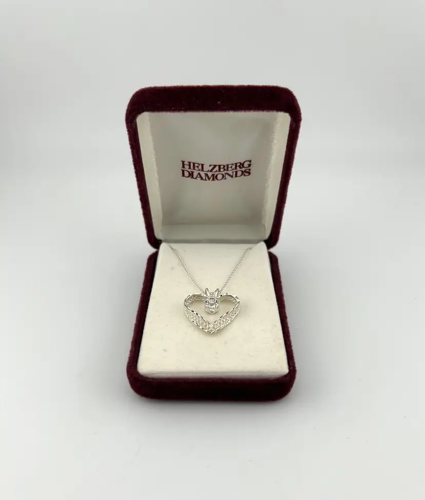 Vintage Sterling Silver Filigree Heart Glass Stone Pendant Necklace 18”