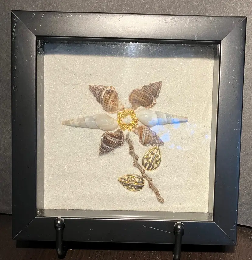 Handmade Shell Art Design in a Shadowbox by Pat Finn 7" by 7"