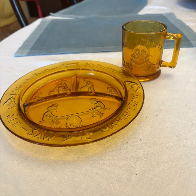 Tiara Indiana Glass Amber Child's Nursery Rhyme Service Set Plate & Mug Vintage
