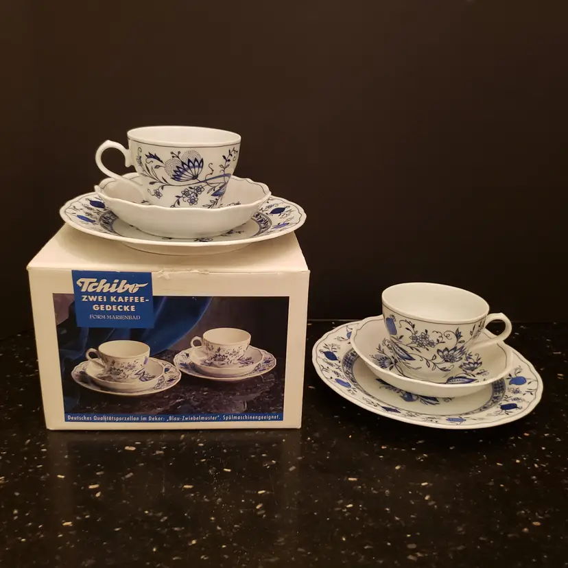 Porcelain Blue Onion Coffee Tea Set for 2 Original Box Tchibo German Zwiebelmuster