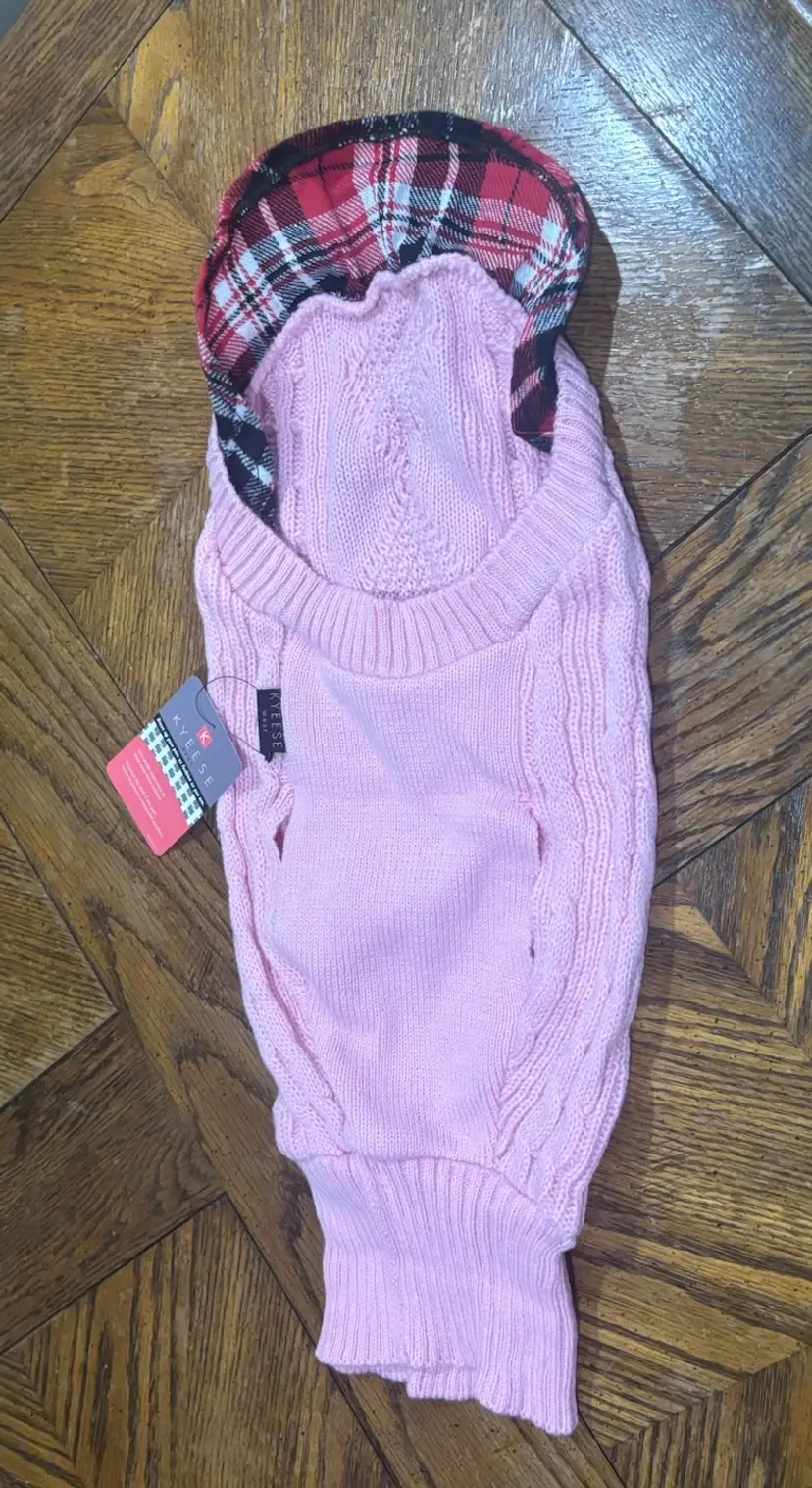 Pink Knitted Dog Sweater with Plaid Hood