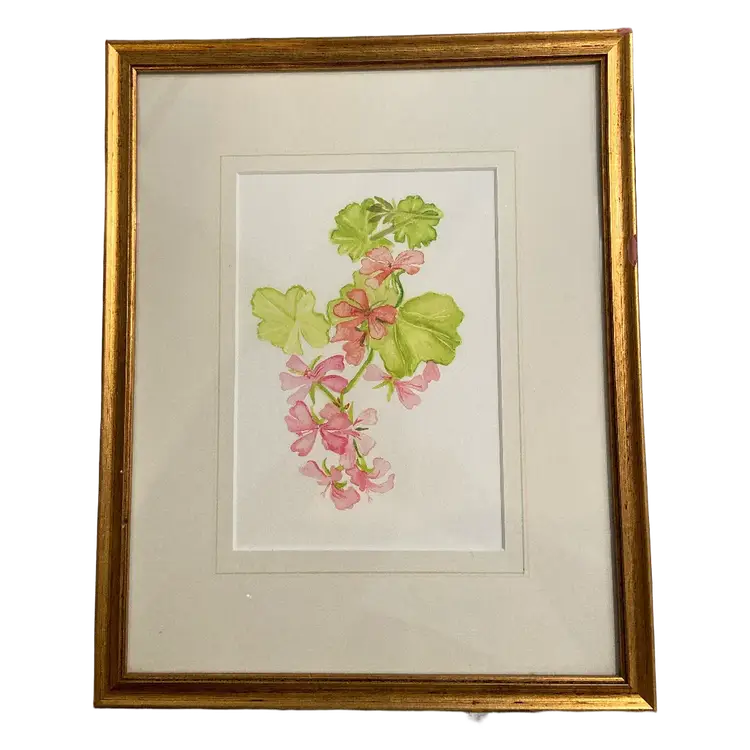 Framed & Matted 2001 Ltd Edition Watercolor Print of Geraniums & Leaves, #4 of 20, Frame: 11.5 x14.5", Print: 5.75" x 8.25"