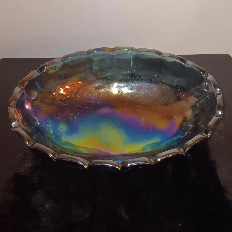 Vintage Indiana Glass Blue Heavily Iridescent Carnival Glass Lg Fruit Console Bowl