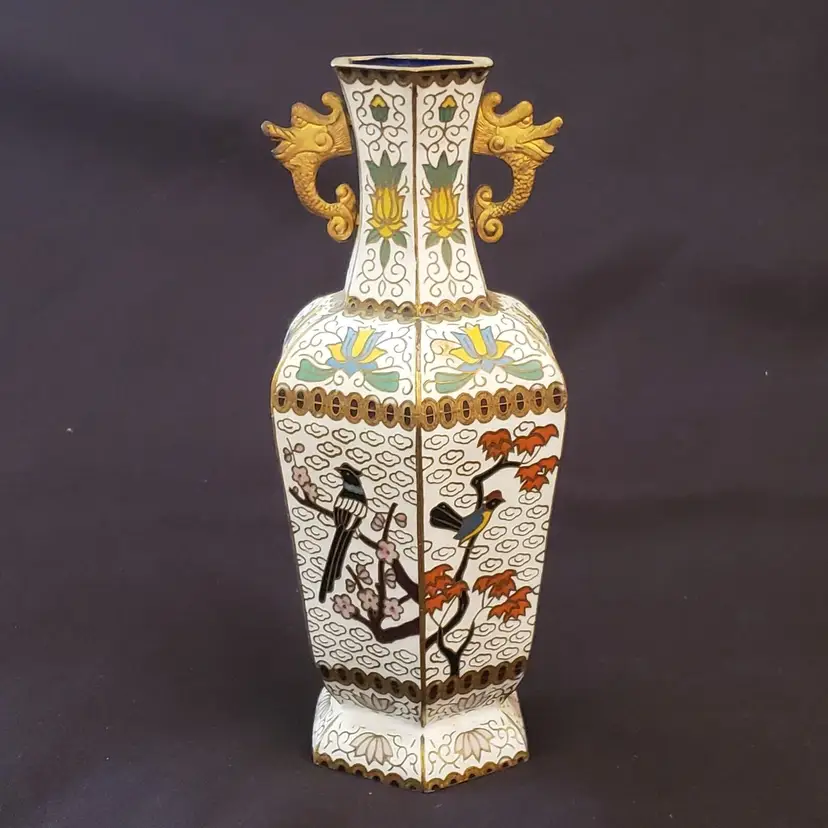 Brass Dragons Cloisonne Vase Enamel Birds & Floral 6 sided 6⅝" tall