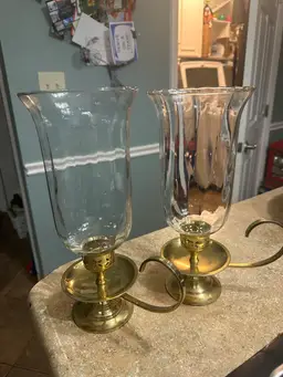 2 Brass Taper Candle Holders Curved Handle Glass Hurricane.