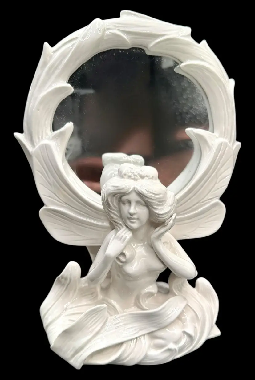 Vintage Fitz & Floyd Art Nouveau Style Fairy Vanity Mirror White Ceramic 9”