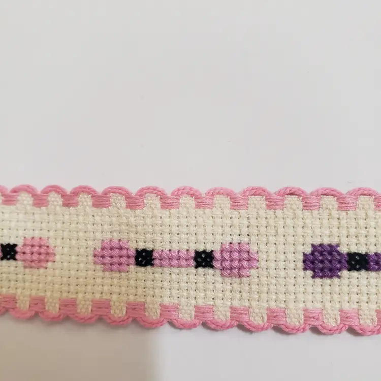 New Cross-stitched Ribband ivory with pink trim multi colored embroidery floss themed