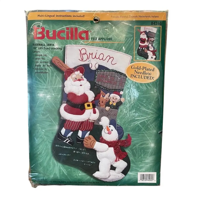 Bucilla #84260 Baseball Santa Felt Applique Sealed Stocking Kit NOS Christmas