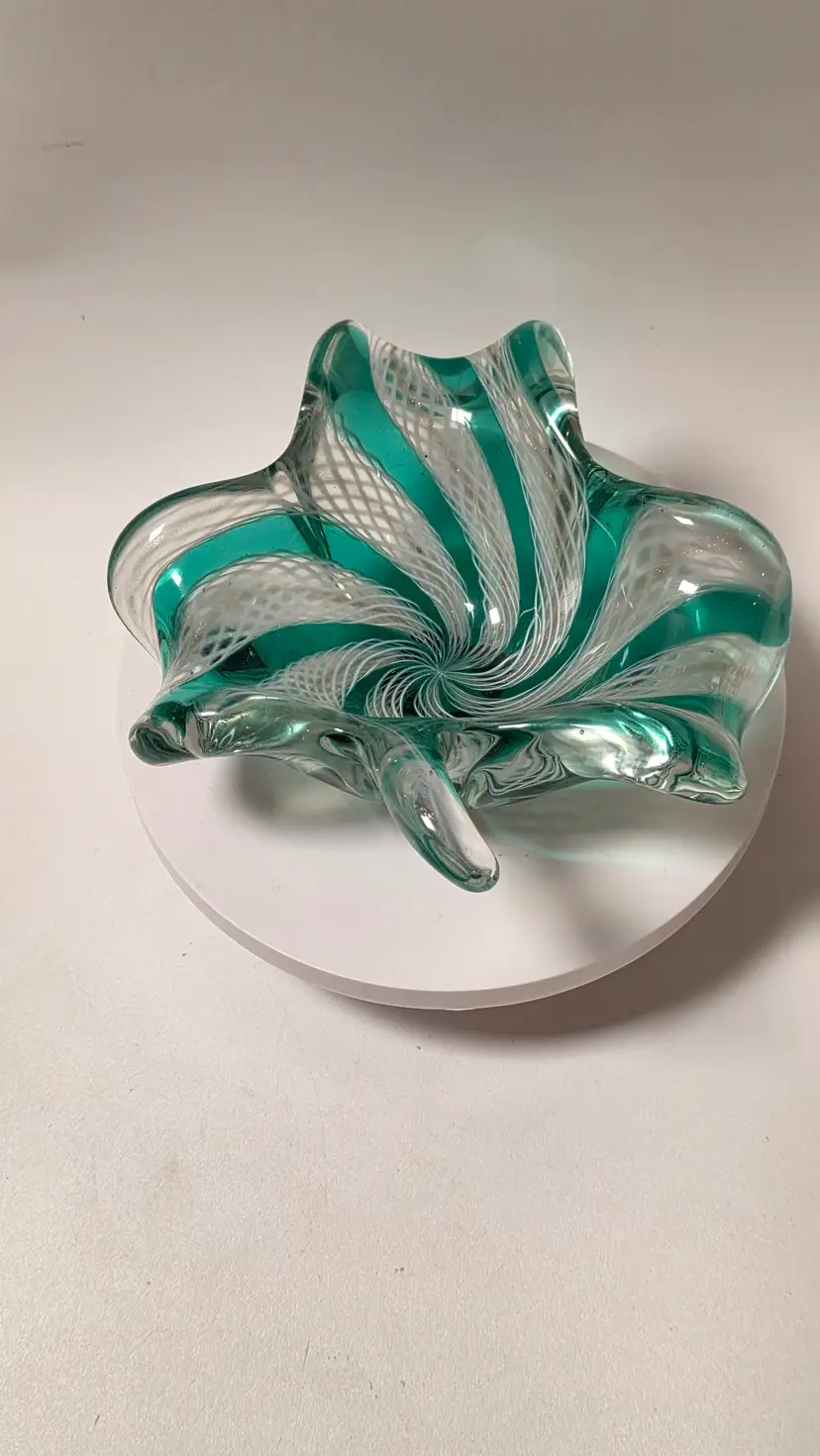 Murano Zanfirico Latticino 3-Leaf Clover Dish Bowl Green White Ribbons - READ