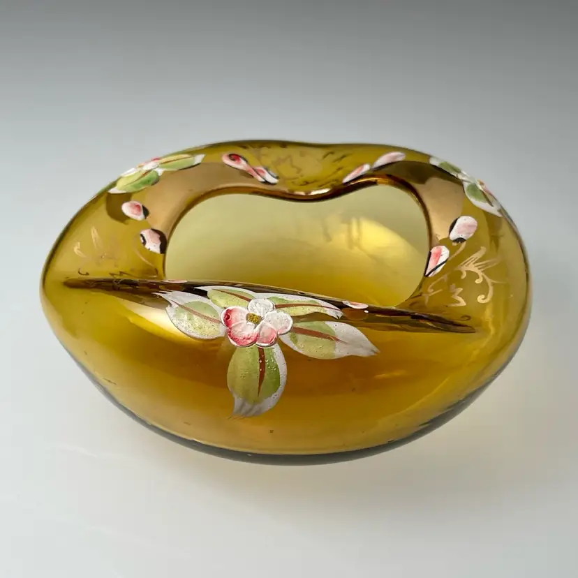 Czech Bohemian Blown Art Glass Ashtray, Amber Yellow w Enamel Florals & Gold Gilt 5"