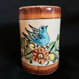 Mexican Tonala Pottery Mug with Bird Design Marked CAT Mexico 4⅞" Tall Handmade