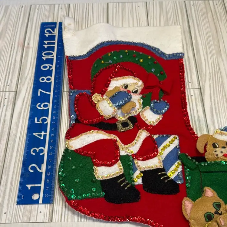 Adorable Felt Stocking with Sequins and Santa with Puppy and Kitty