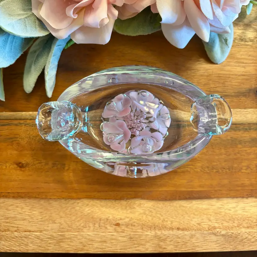 Vintage Hand-Blown Art Glass Pink Trumpet Flowers & Teardrop Bubbles Ashtray / Paperweight / Trinket Dish